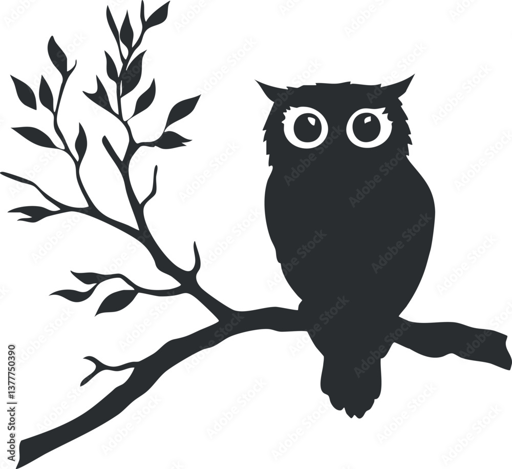 Fototapeta premium Silhouette of an owl perched on a tree branch with leaves, set against a white background.
