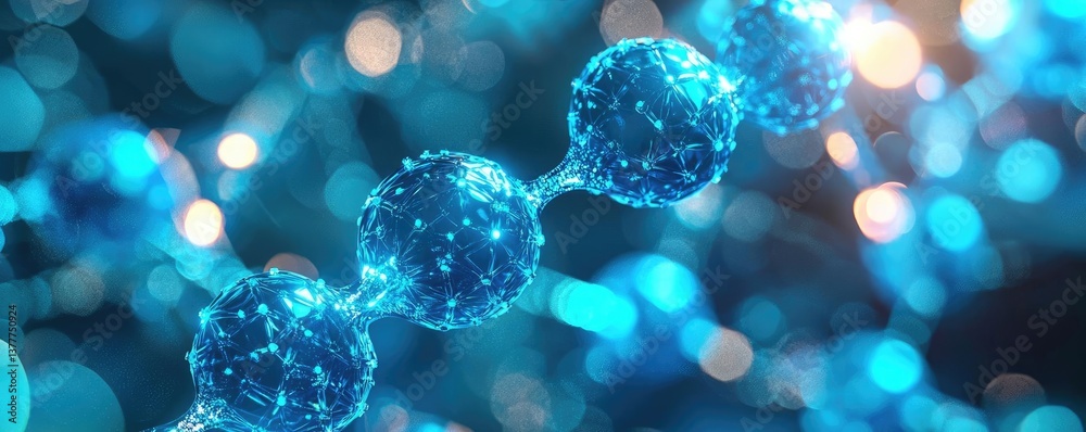 Blue exosome particles in scientific and sphere concept. Close-up view of a molecular structure with glowing blue spheres. Blue exosome particles in scientific and sphere concept. Close-up view of a molecular structure with glowing blue spheres.