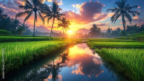 Tropical paradise with lush rice fields and palm trees at vibrant sunset