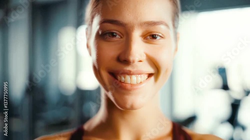 Smiling young woman at fitness gym looking confident and happy, healthy lifestyle portrait, post workout glow, active female energy, wellness mindset concept, sporty beauty natural confidence expressi