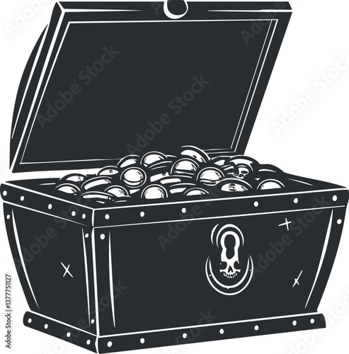 Black and white illustration of an open treasure chest filled with coins and jewels.