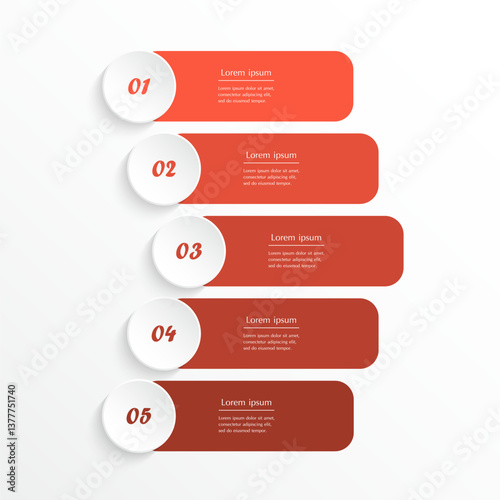Step by step red infographic template with 5 options, parts or processes.
