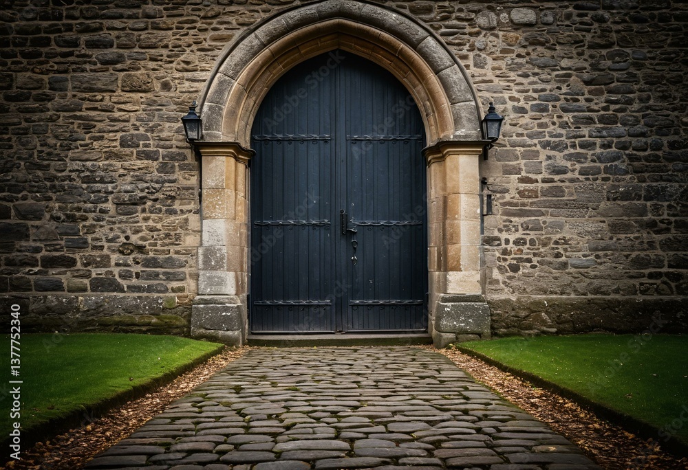 Fototapeta premium A stone building with a blue door in the middle of it.