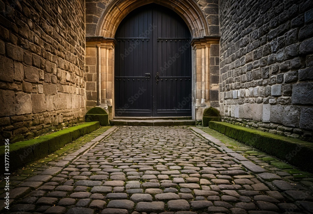 Fototapeta premium A stone building with a blue door in the middle of it.