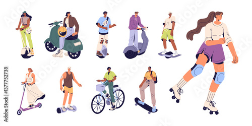 People with modern urban eco transport set. Young men and women ride on scooter, roller skates, skateboard, bicycle. Characters walk with bike, drive moped. Flat isolated vector illustrations on white