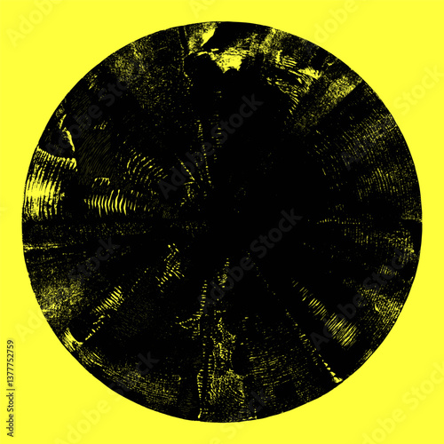 Grungy textured hand printed big circle shape. Vinyl record surface artistic illustration cover template. Linocut vector relief printing round rough retro aged texture. Lino ink grunge text background