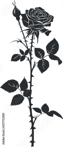 Black and white silhouette of a rose with thorns and leaves, emphasizing natural elegance.