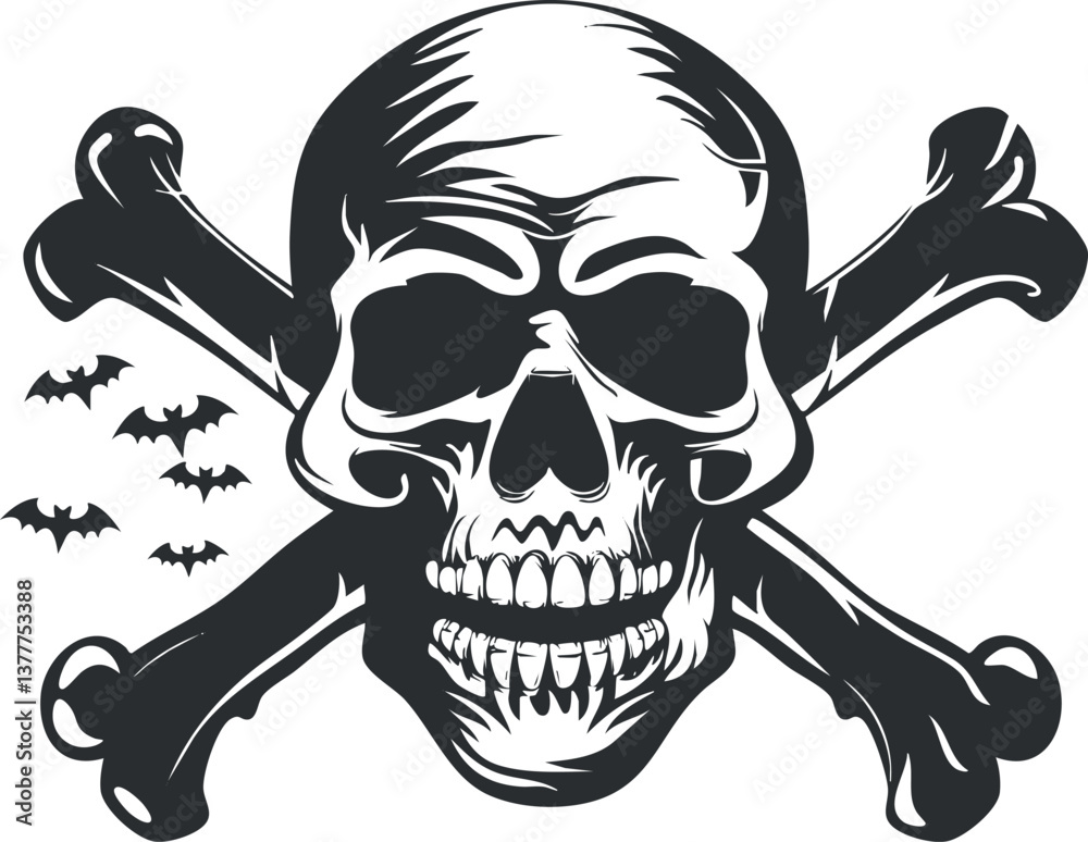 Fototapeta premium Black and white illustration of a skull with crossbones and bats, evoking a spooky theme.