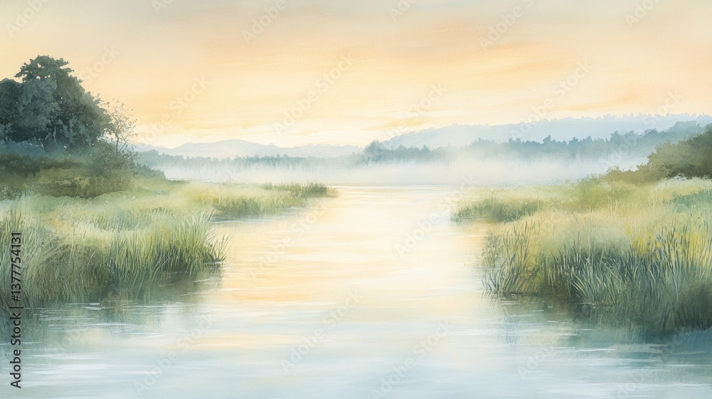 Fototapeta premium Serene river landscape at dawn with misty water and lush grass 