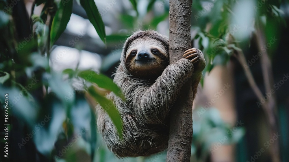 Sloth clinging to tree in rainforest Sloth clinging to tree in rainforest