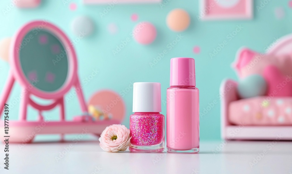 Fototapeta premium Pink nail polish bottles, a delicate flower, and a vanity mirror, create a lovely scene.