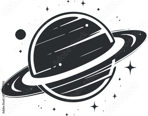 Black and white illustration of a ringed planet with stars, resembling Saturn in space.
