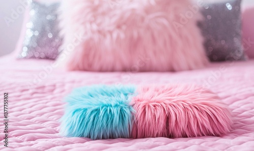 A charming bedroom scene featuring plush pink and blue cushions and soft pillows on a bed.
