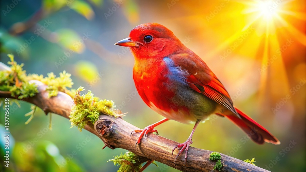 Majestic Red Bird Perched on Branch, Vibrant Feathers, Close-Up Majestic Red Bird Perched on Branch, Vibrant Feathers, Close-Up