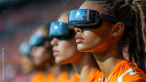 Stadium crowd in orange jerseys wearing VR headsets for immersive sports experience