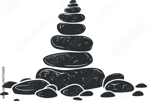 Monochrome illustration of stacked stones symbolizing balance, harmony, and tranquility in nature.