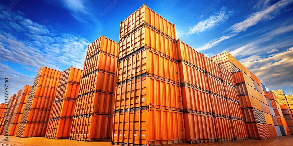 Fototapeta premium Stacked Orange Shipping Containers - Global Trade Logistics Background
