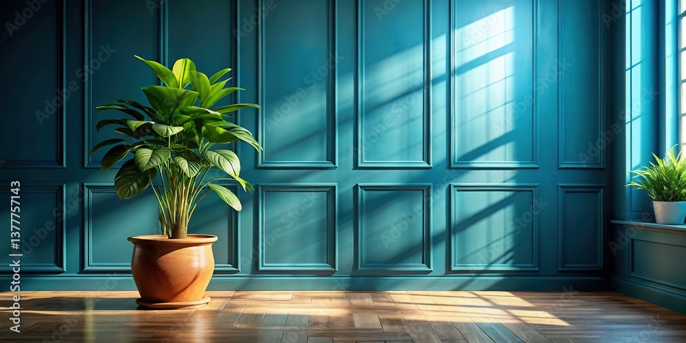 Fototapeta premium Sunlit Room, Blue Paneled Walls, Green Plant - Bright Interior Stock Photo