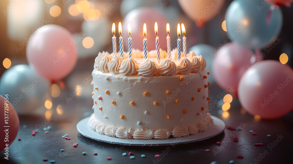 Close-up of a birthday cake with candles, balloons in the background, and a festive atmosphere celebrating a special occasion.
Close-up of a birthday cake with candles, balloons in the background, and a festive atmosphere celebrating a special occasion.
