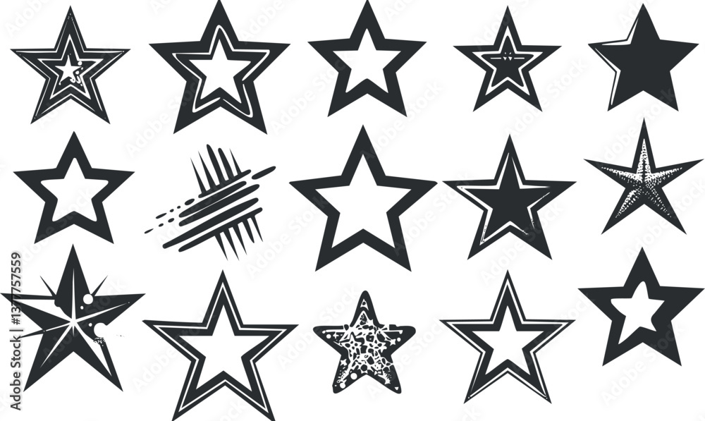 Fototapeta premium Assorted black and white star patterns in various abstract and geometric designs.