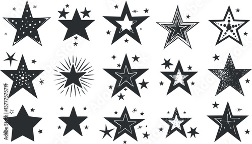 A decorative black and white pattern featuring a variety of star shapes and designs.