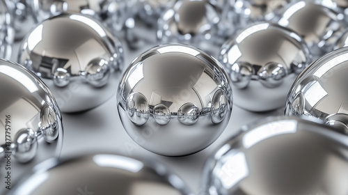 Shiny chrome metallic spheres with reflections on smooth surface