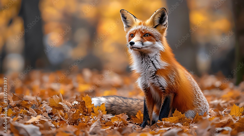 Fototapeta premium Stunning ultra-hd image of a red fox sitting among autumn leaves in a natural habitat setting