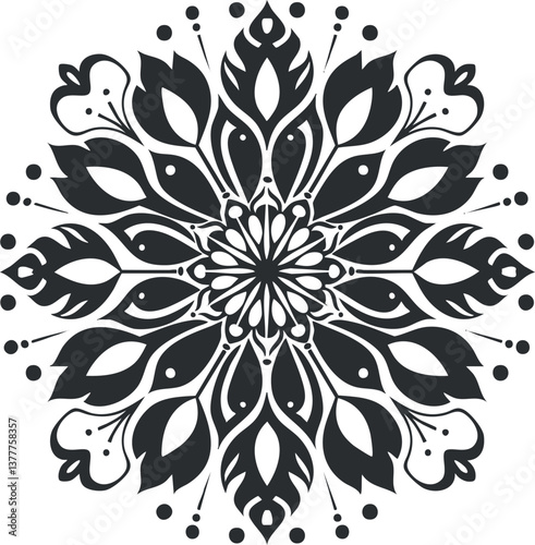 Intricate black and white floral mandala design with symmetrical geometric patterns.