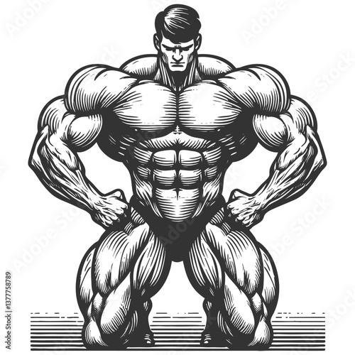 massive, muscular strongman standing confidently with hands on hips, showcasing power, strength, and detailed anatomy sketch engraving generative ai vector illustration. Scratch board. Black and white