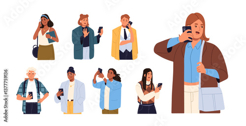 Set of people talking on the phone. Men, women chat online, texting, take photo, surfing internet by smartphone. Characters communicate by telephone call. Flat isolated vector illustrations on white