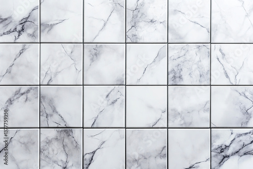 White tile wall background with copy space, seamless texture for interior design or decoration. White tiled bathroom or kitchen floor pattern. White square grid on ceramic tiles as backdrop, top view
