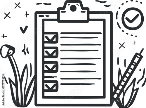 Hand-drawn checklist on a clipboard with checkmarks and a pencil, featuring decorative elements.