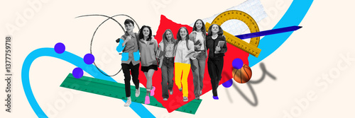 Принти на полотні Happy teen group moving forward in rhythm, surrounded by rulers, shapes, sports ball and dynamic lines