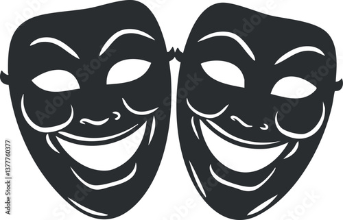 Black and white illustration of comedy and tragedy theater masks symbolizing drama and performance.