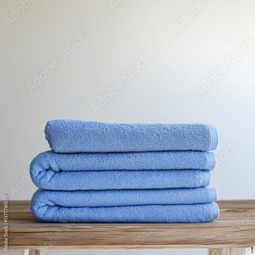 Photo of a pile of plain blue towels, on a minimalist wooden table, with a white background, Ai generated images