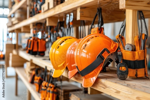 Safety Helmets and Climbing Gear Organized on Wooden Shelves in Workshop