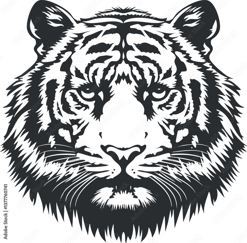 Fototapeta premium Black and white illustration of a tiger's face with intricate details and bold lines.