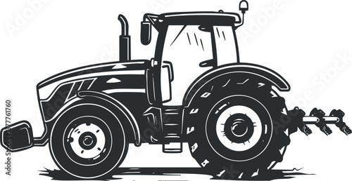 Black and white illustration of a tractor used for farming and agricultural purposes.