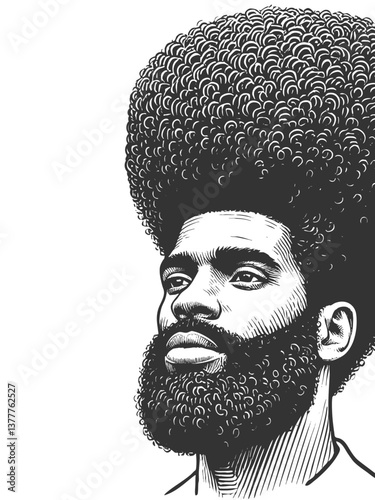 man with an exaggerated voluminous afro hairstyle, blending artistic surrealism with a bold vintage aesthetic sketch engraving generative ai vector illustration. Scratch board. Black and white image.