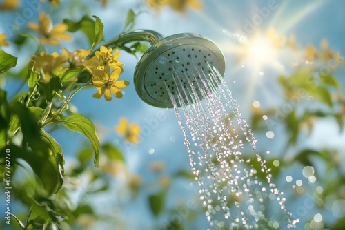 Poolside shower with fresh water streaming among blooming flowers Generative AI