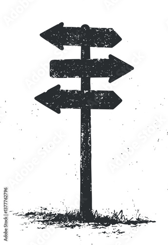 Black and white grunge signpost with multiple directional arrows on a textured background.