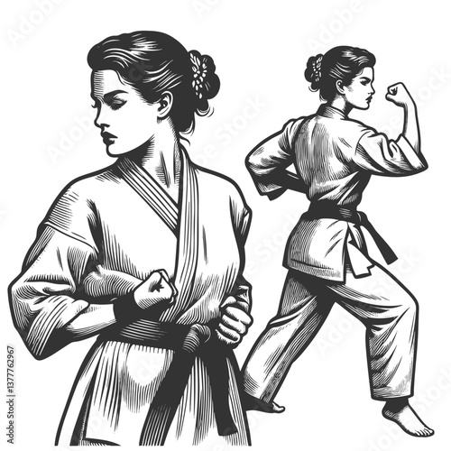 strong female martial artist in a karate uniform and black belt, posed with confidence and focus sketch engraving generative ai vector illustration. Scratch board imitation. Black and white image.