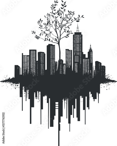 Artistic silhouette of a city skyline with a tree, symbolizing harmony between nature and urban life.