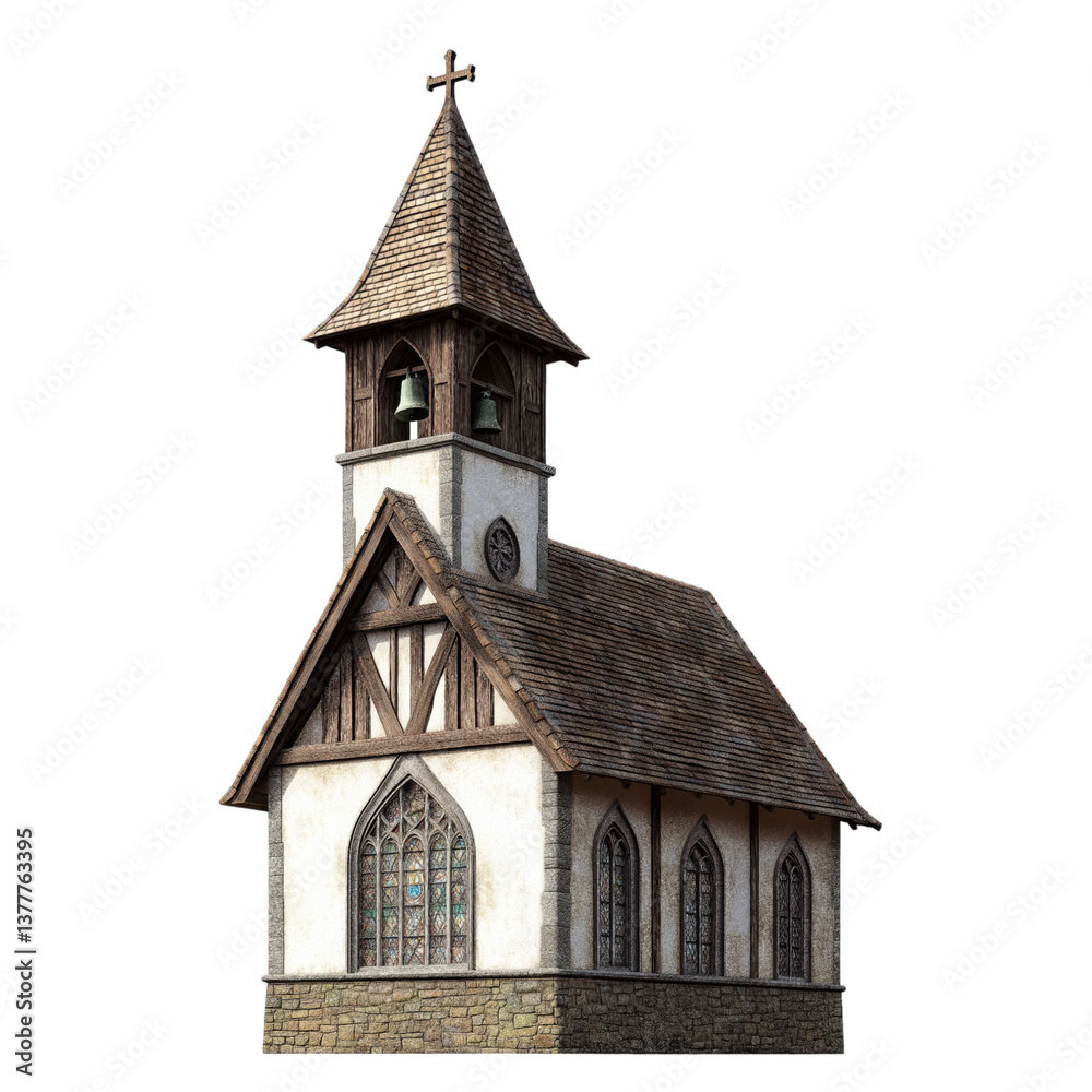 Small stone chapel with stained glass windows and a wooden door, featuring a tall steeple and a cross on top. Small stone chapel with stained glass windows and a wooden door, featuring a tall steeple and a cross on top.