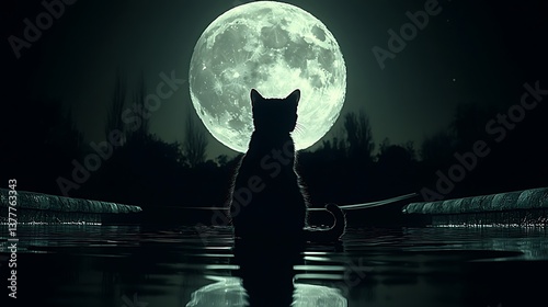 Cat silhouette on wooden dock under full moon with reflection in dark water