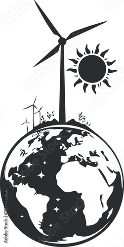 Black and white illustration of wind energy harnessed on Earth with sun and wind turbines.