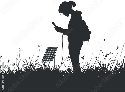 Silhouette of a girl charging her phone with a solar panel in a grassy field.