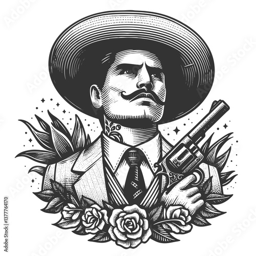 Mexican gangster serious mustached man in a suit and wide-brimmed hat holding a revolver, with visible tattoos sketch engraving generative ai vector illustration. Scratch board. Black and white image.
