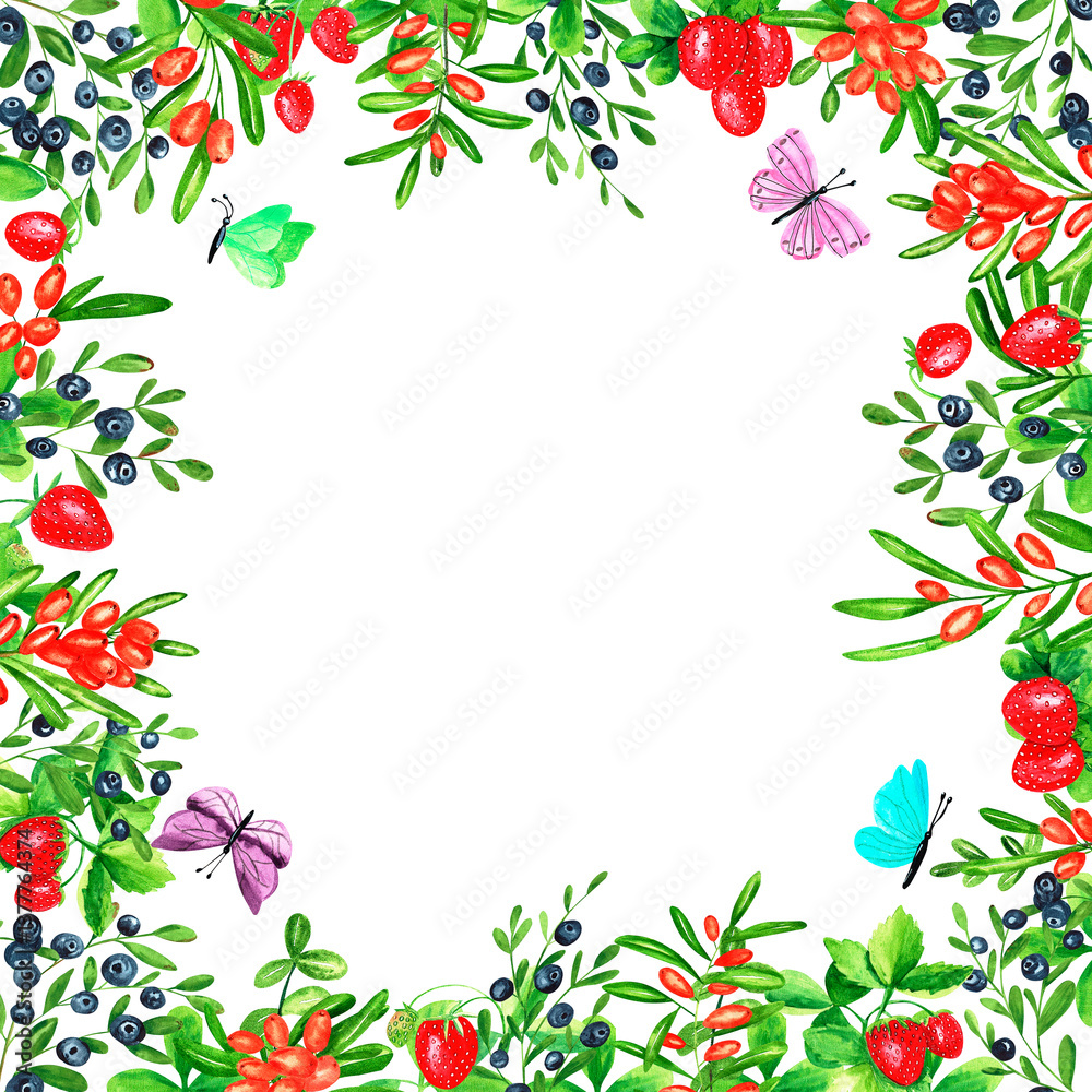 Fototapeta premium Square frame with blueberries, strawberries, sea buckthorn and colorful butterflies. Hand drawn watercolor berries. Design for paper, background, menu, poster, textile, wallpaper, business cards.