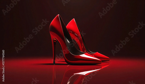 A pair of glossy red stiletto heels on a reflective surface with dramatic lighting.
